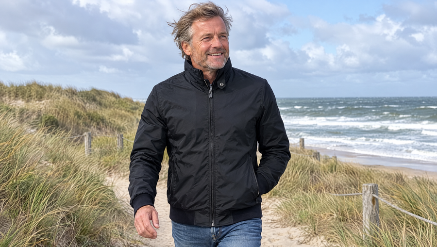 Jasper lichte jas met hoge kraag in de duinen