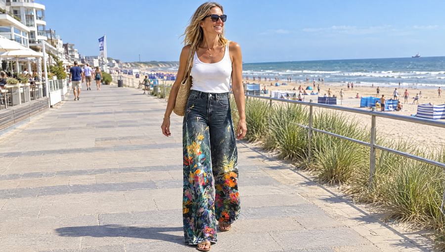 Liza boho broek op de boulevard aan zee