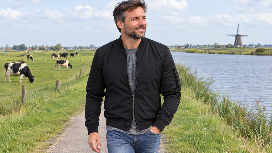 Paul lichtgewicht tussenjas op de dijk in de polder