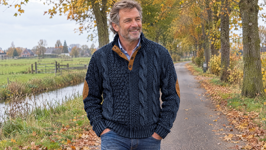 Peter kabelgebreid vest op een landweg in de herfst
