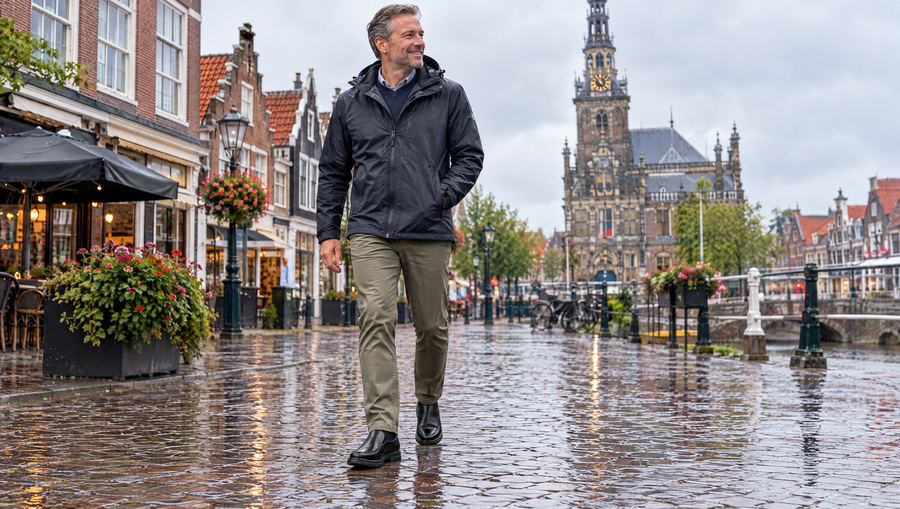 Thijmen veterschoenen op natte keien in Alkmaar