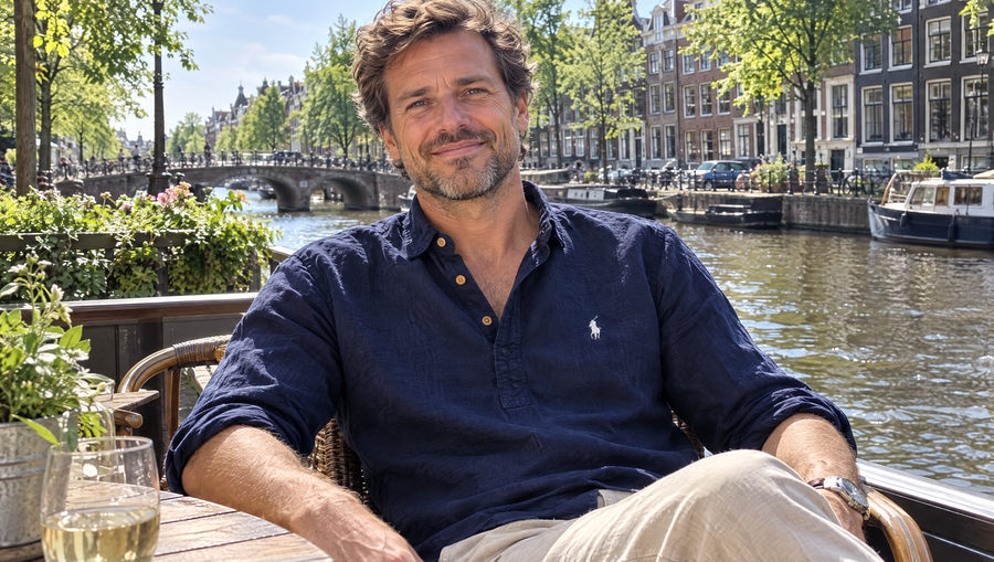 Ties linnenlook overhemd op een terras aan de gracht