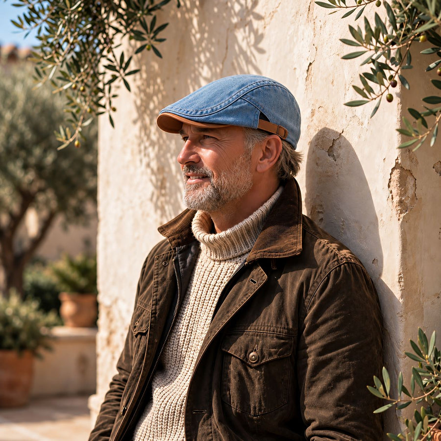 Heren Vintage Denim Flat Cap gestyled in de herfst