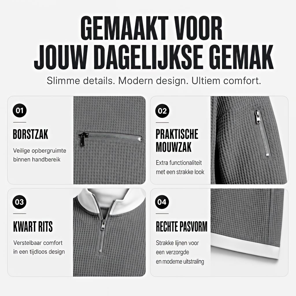 Wafelgebreide Heren Trui met Halve Rits