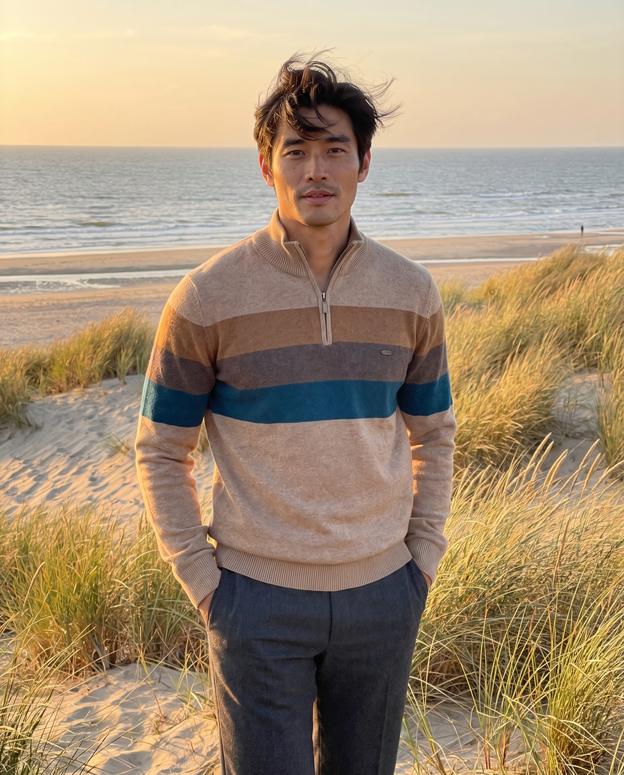 Zo draag je 'm – Heren Retro Sweater met Colorblock Strepen
