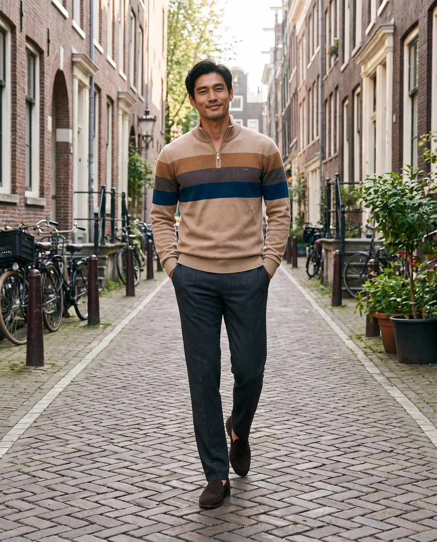 Zo draag je 'm – Heren Retro Sweater met Colorblock Strepen