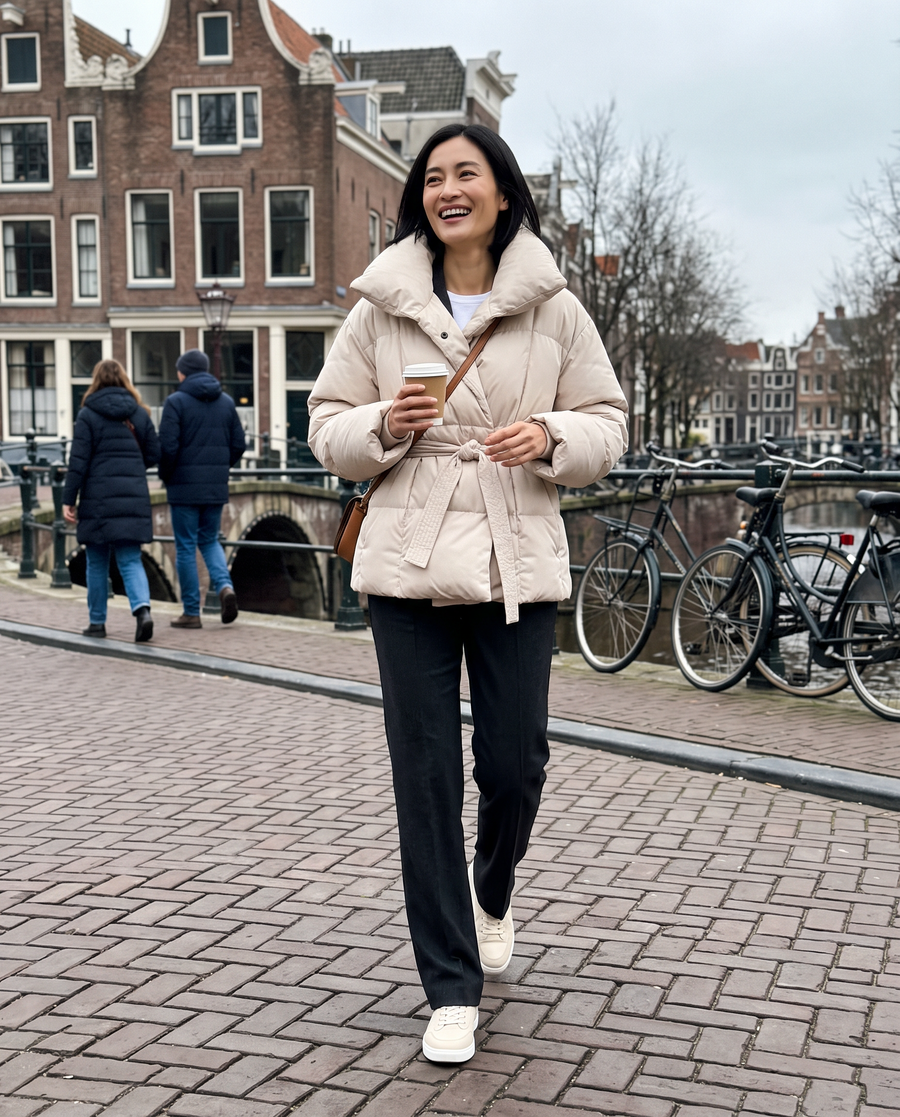 Zo draag je 'm – Dames Oversized Puffer Jas met Ceintuur