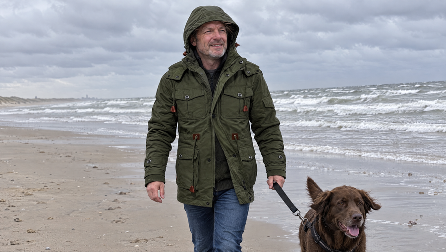 Arjen lange outdoorjas op het strand