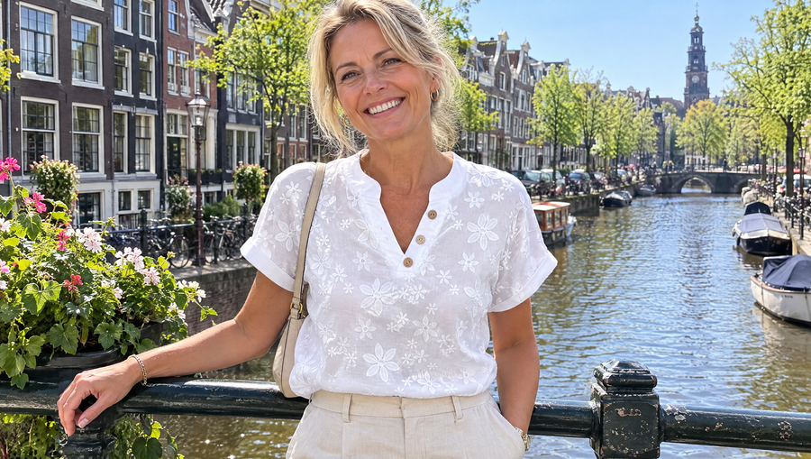 Julia blouse met bloemenprint op een brug in Amsterdam
