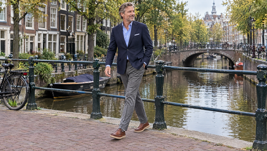 Mick klassieke herenschoenen op een grachtenbrug in Amsterdam