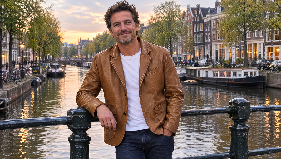 Wim kunstleren jas op een grachtenbrug in Amsterdam