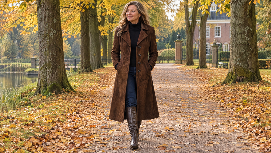Yvonne lange mantel in diepbruin in een herfstpark